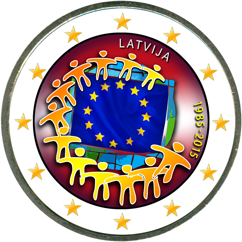 Монета номиналом 2 евро 2015 Латвия 30 лет флагу ЕС (цветная)