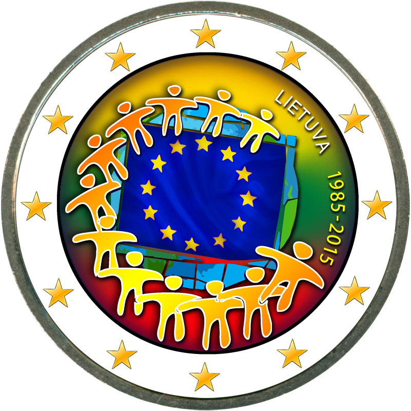 Монета номиналом 2 евро 2015 Литва 30 лет флагу ЕС (цветная)