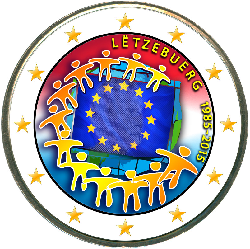 Монета номиналом 2 евро 2015 Люксембург 30 лет флагу ЕС (цветная)