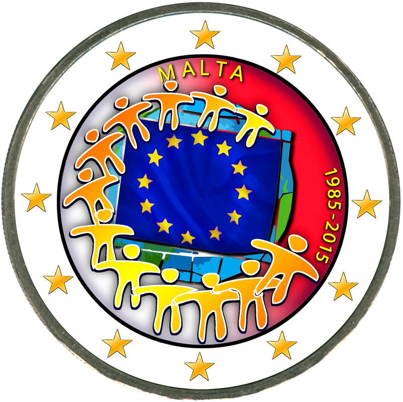 Монета номиналом 2 евро 2015 Мальта 30 лет флагу ЕС (цветная)