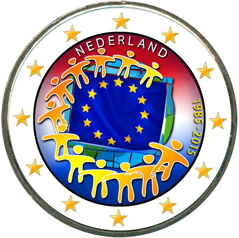 Монета номиналом 2 евро 2015 Нидерланды 30 лет флагу ЕС (цветная)