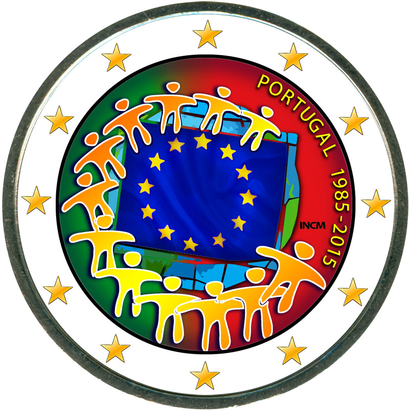 Монета номиналом 2 евро 2015 Португалия 30 лет флагу ЕС (цветная)