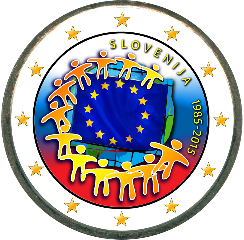 Монета номиналом 2 евро 2015 Словения 30 лет флагу ЕС (цветная)
