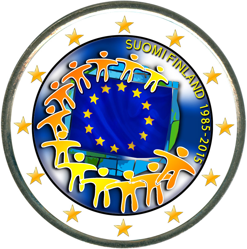 Монета номиналом 2 евро 2015 Финляндия 30 лет флагу ЕС (цветная)