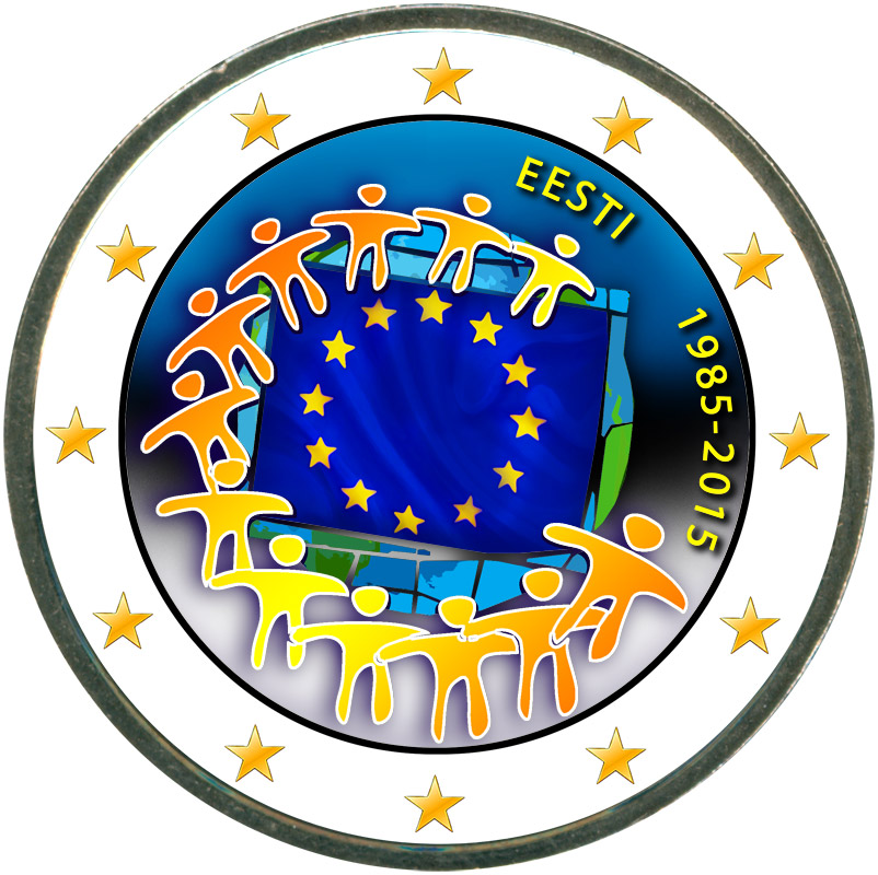 Монета номиналом 2 евро 2015 Эстония 30 лет флагу ЕС (цветная)