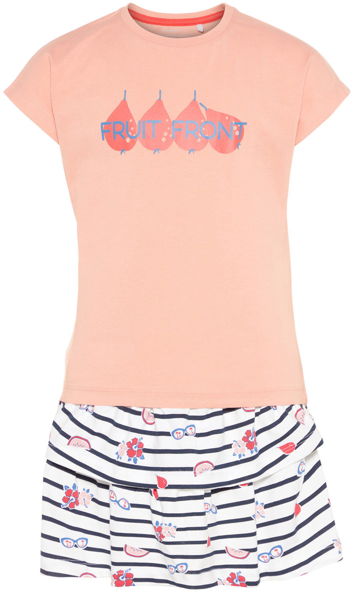 Комплект одежды для девочки Name It: футболка, юбка, цвет: коралловый, белый. 13154814_Blooming Dahlia. Размер 116