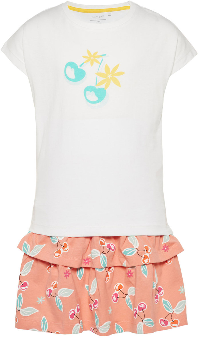Комплект одежды для девочки Name It: футболка, юбка, цвет: белый, коралловый. 13154814_Bright White_Вишни. Размер 134/140