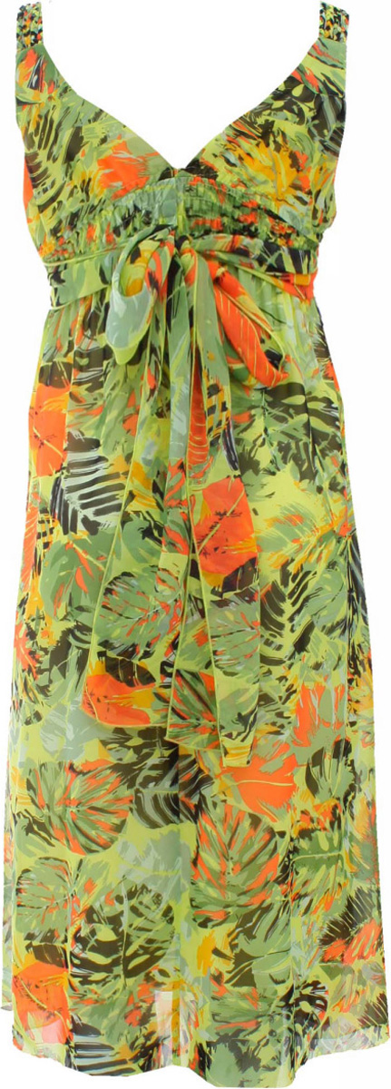 Платье oodji Collection, цвет: зеленый, оранжевый. 21903011/15463/6A55F. Размер 38 (44-164)