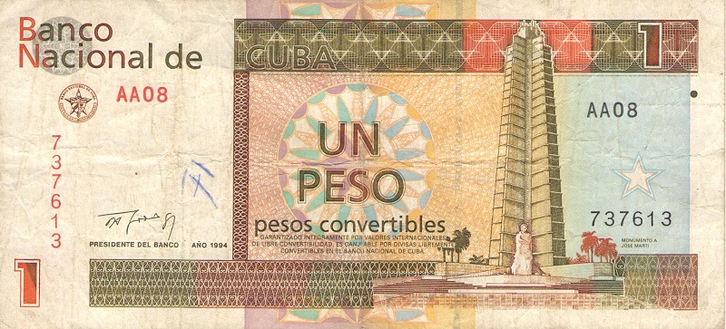Банкнота номиналом 1 конвертируемый песо. Куба. 1994 год