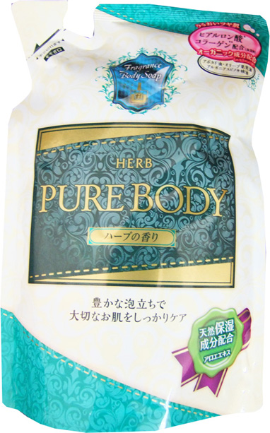 Mitsuei Pure Body Увлажняющий гель для душа с гиалуроновой кислотой, коллагеном и экстрактом алоэ, с ароматом луговых трав, 400 мл, мягкая упаковка