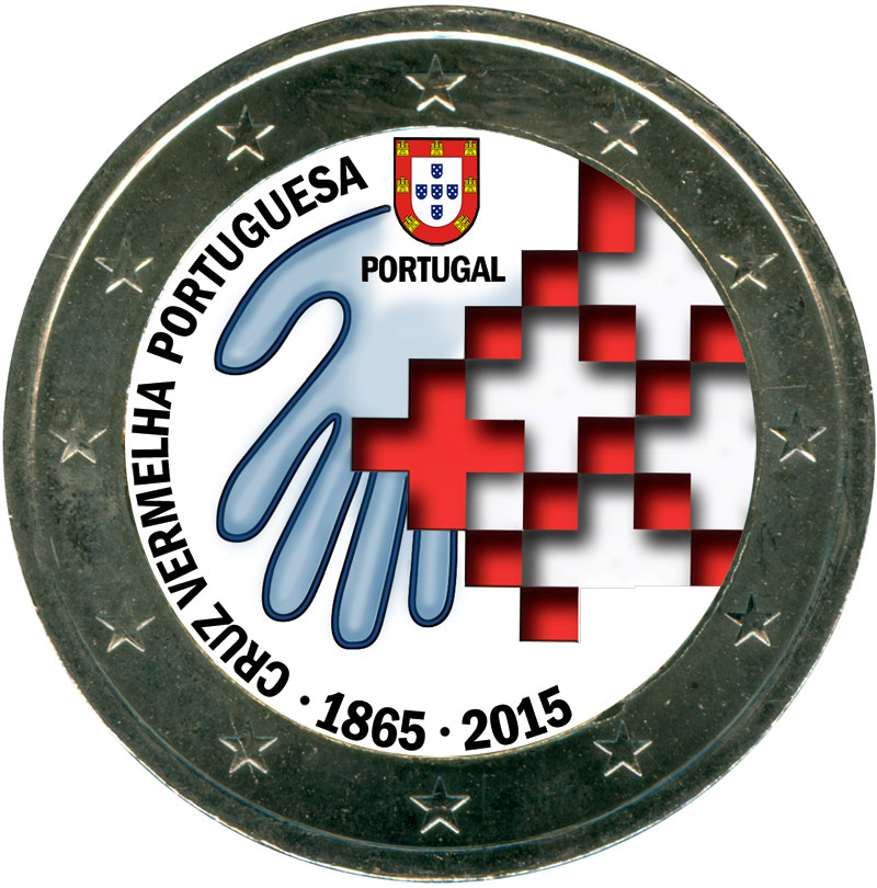 Монета номиналом 2 евро 2015 Португалия, 150 лет португальскому Красному кресту (цветная)