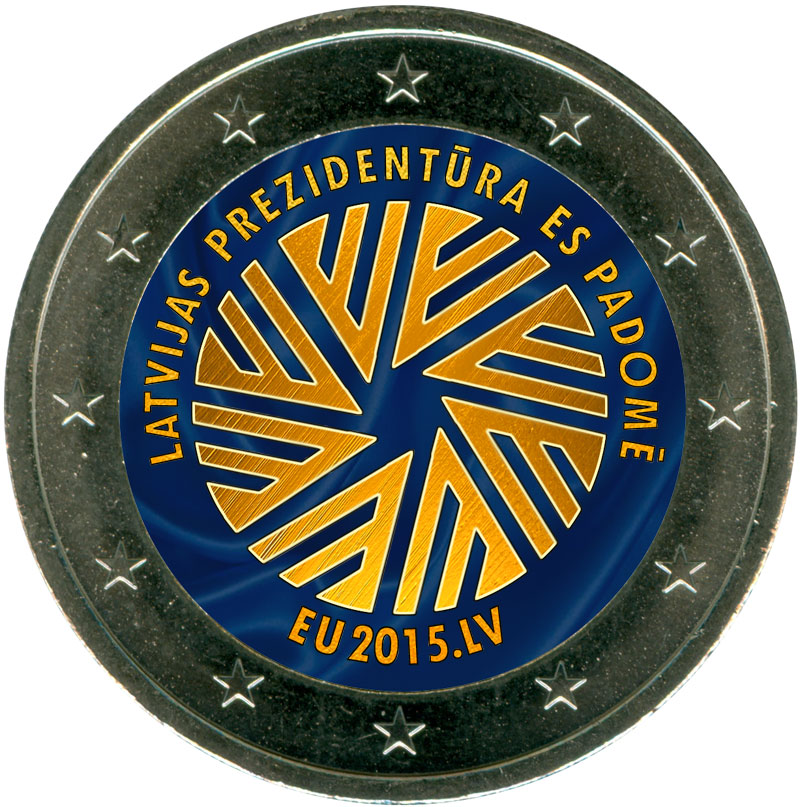 Монета номиналом 2 евро 2015 Латвия, Председательство Латвии в Совете ЕС (цветная)