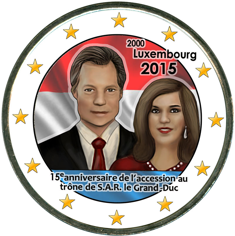 Монета номиналом 2 евро 2015 Люксембург, 15-летие восшествия на престол (цветная)