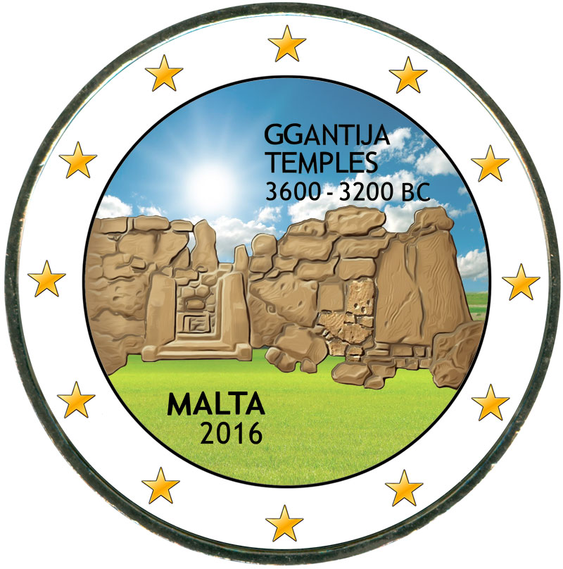 Монета номиналом 2 евро 2016 Мальта, Храмы Джгантии (цветная)
