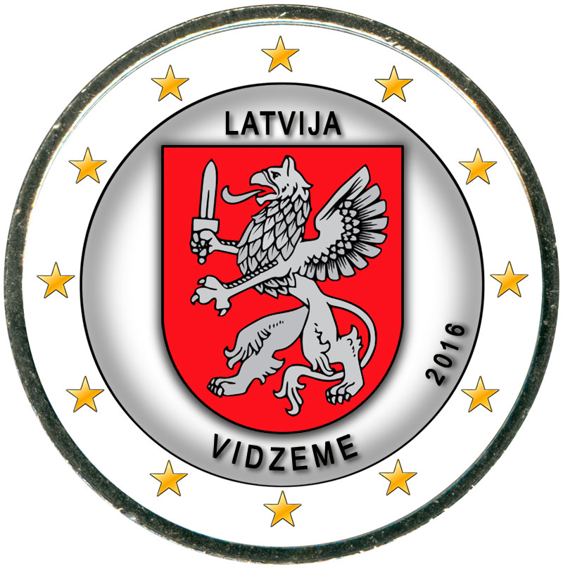 Монета номиналом 2 евро 2016 Латвия, Видземе (цветная)