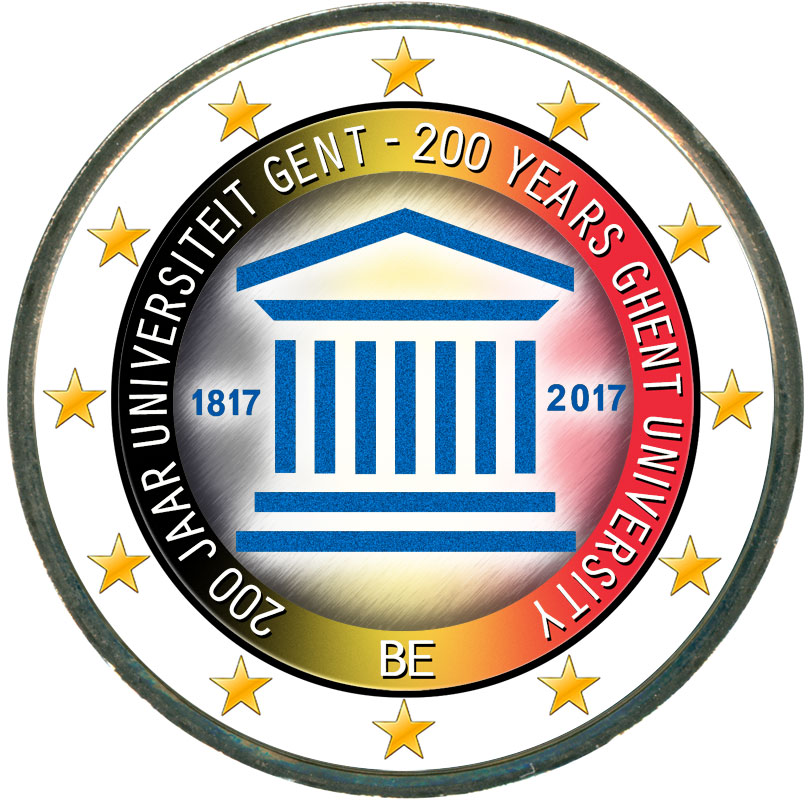 Монета номиналом 2 евро 2017 Бельгия, 200 лет университету Гента (цветная)