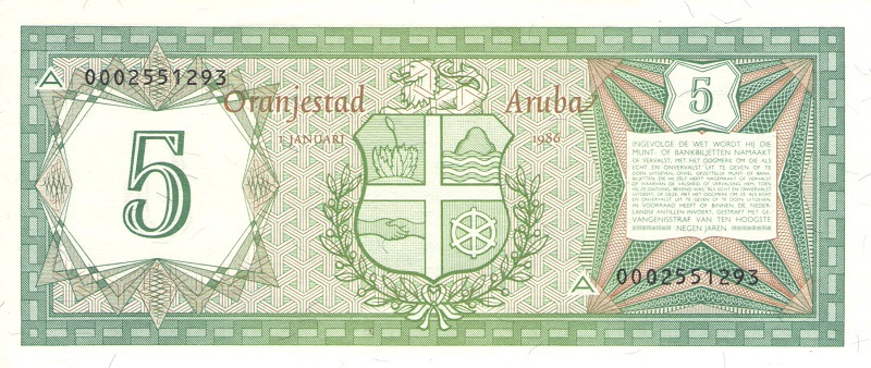 Банкнота номиналом 5 флоринов. Аруба. 1986 год