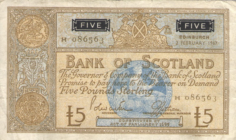 Банкнота номиналом 5 фунтов. Шотландия. 1967 год