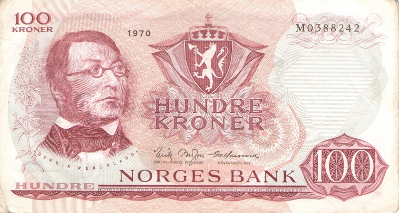 Банкнота номиналом 100 крон. Норвегия. 1970 год