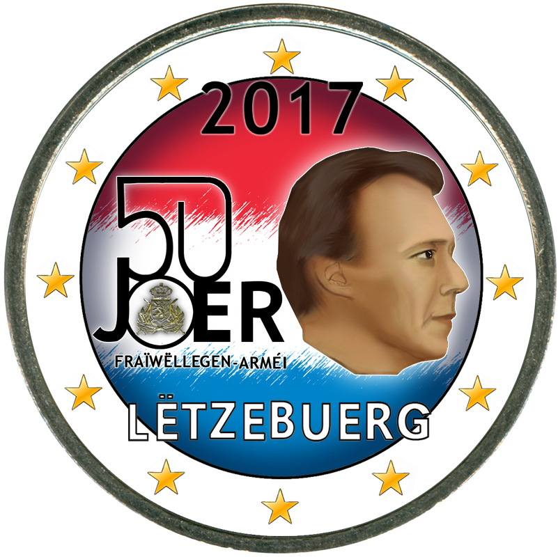 Монета номиналом 2 евро 2017 Люксембург, 50 лет добровольной военной службе (цветная)