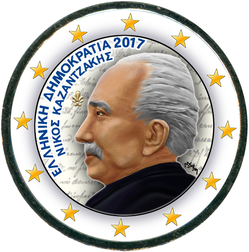 Монета номиналом 2 евро 2017 Греция, Никос Казандзакис (цветная)