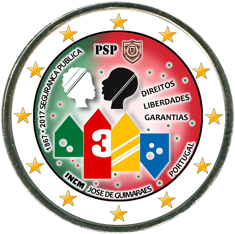 Монета номиналом 2 евро 2017 Португалия, 150 лет Полиции общественной безопасности (цветная)