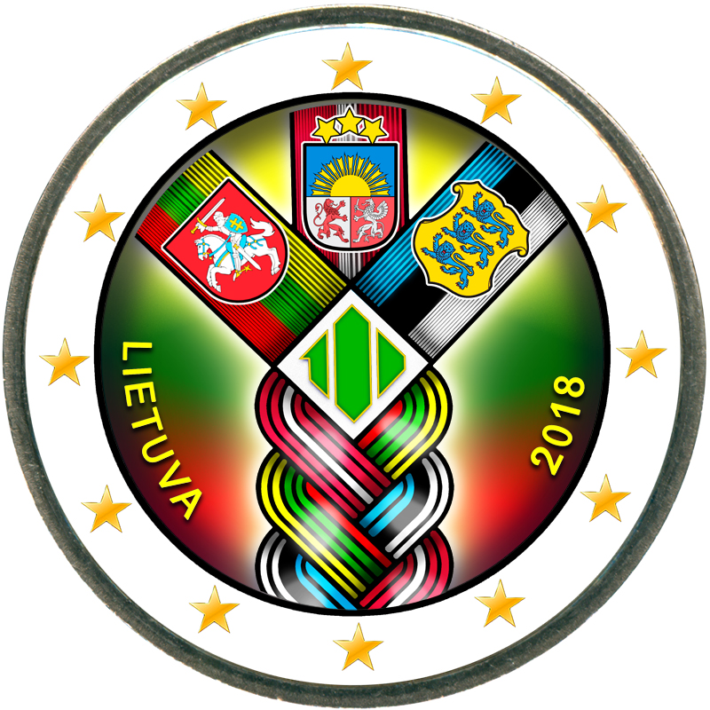 Монета номиналом 2 евро 2018 Литва, 100 лет независимости (цветная)