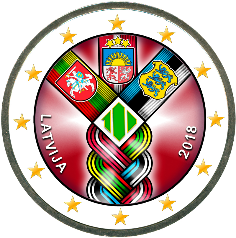 Монета номиналом 2 евро 2018 Латвия, 100 лет независимости (цветная)