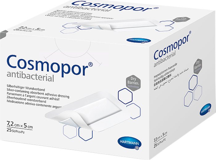 Cosmopor Antibacterial Самоклеящиеся серебросодержащие повязки, 7,2 х 5 см, 25 шт