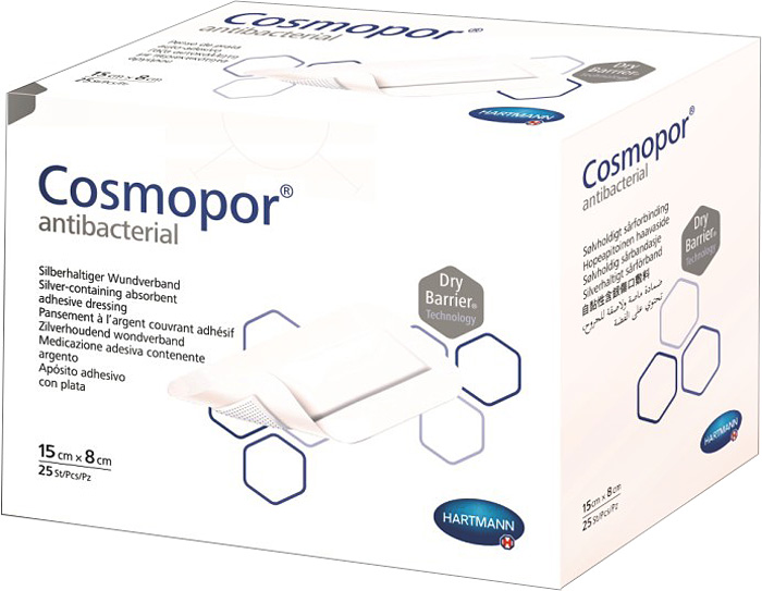 Cosmopor Antibacterial Самоклеящиеся серебросодержащие повязки, 15 х 8 см, 25 шт