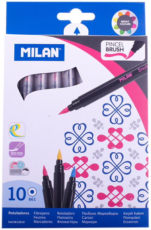 Milan Фломастеры с кистевым пишущим узлом 661 Brush 10 цветов смываемые