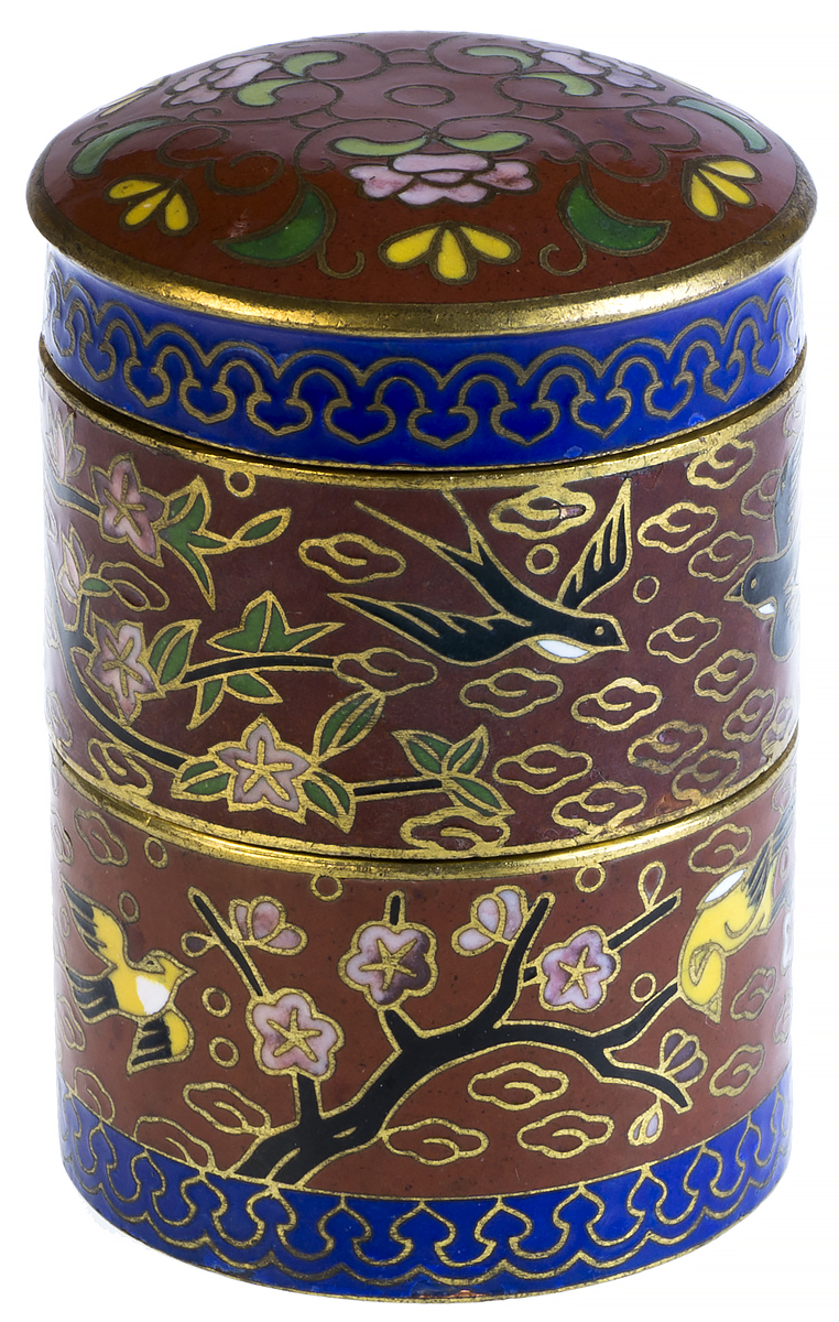 Шкатулка миниатюрная для мелочей двухярусная . Латунь, эмаль клуазоне, золочение. Китай, 1960-е гг.
