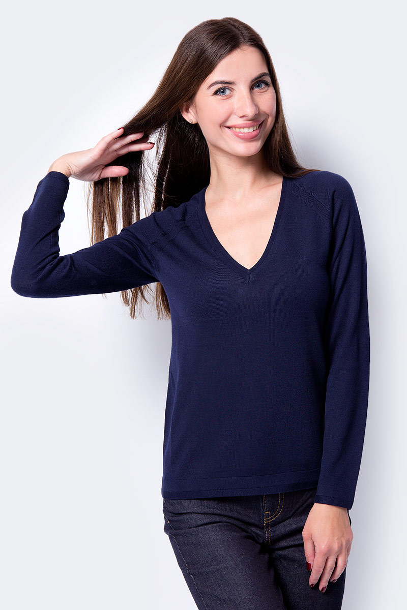 Пуловер женский United Colors of Benetton, цвет: темно-синий. 12GLE4419_016. Размер XL (48/50)