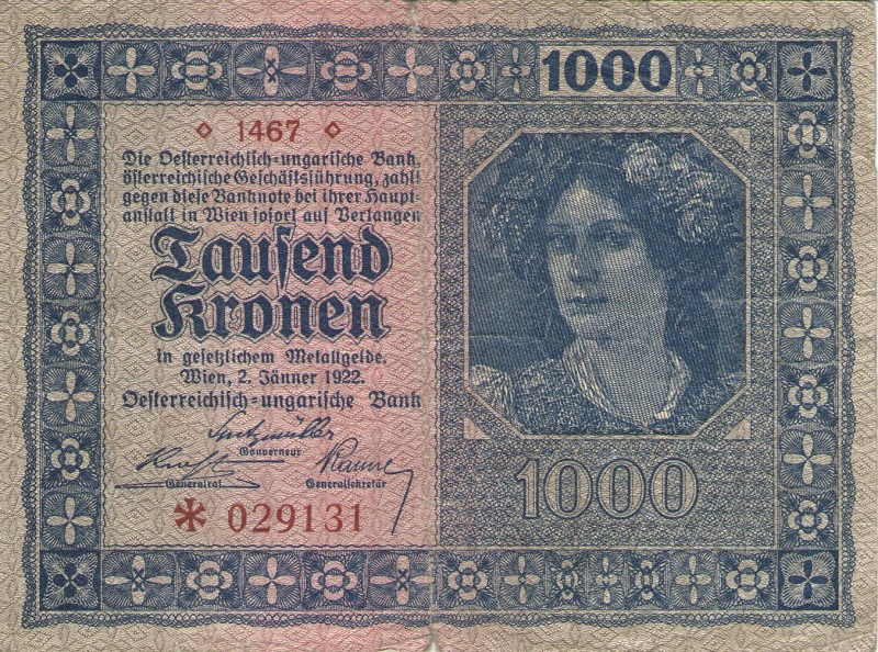 Банкнота номиналом 1000 крон. Австрия. 1922 год