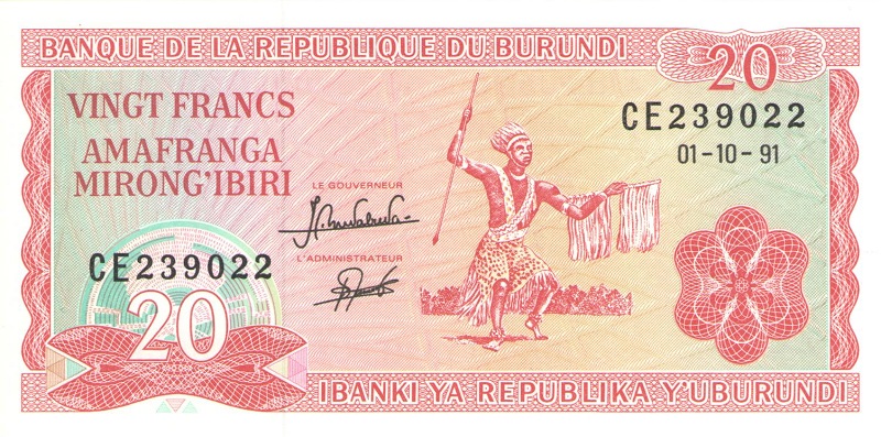 Банкнота номиналом 20 франков. Бурунди. 1991 год