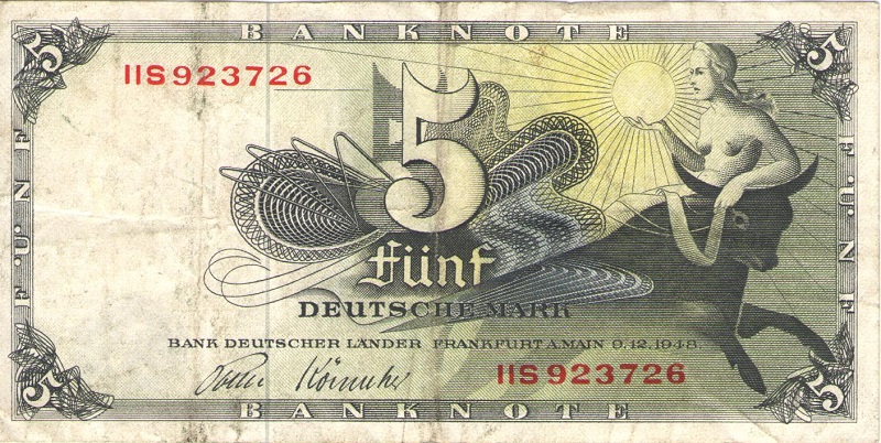 Банкнота номиналом 5 марок. ФРГ. 1948 год