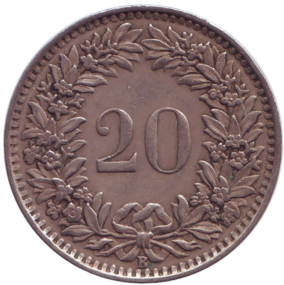 Монета номиналом 20 раппенов. Швейцария, 1943 год