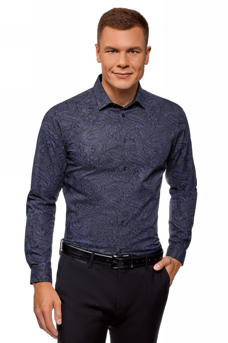 Рубашка мужская oodji, цвет: темно-синий. 3L110333M/19370N/7974E. Размер 40 (48-182)