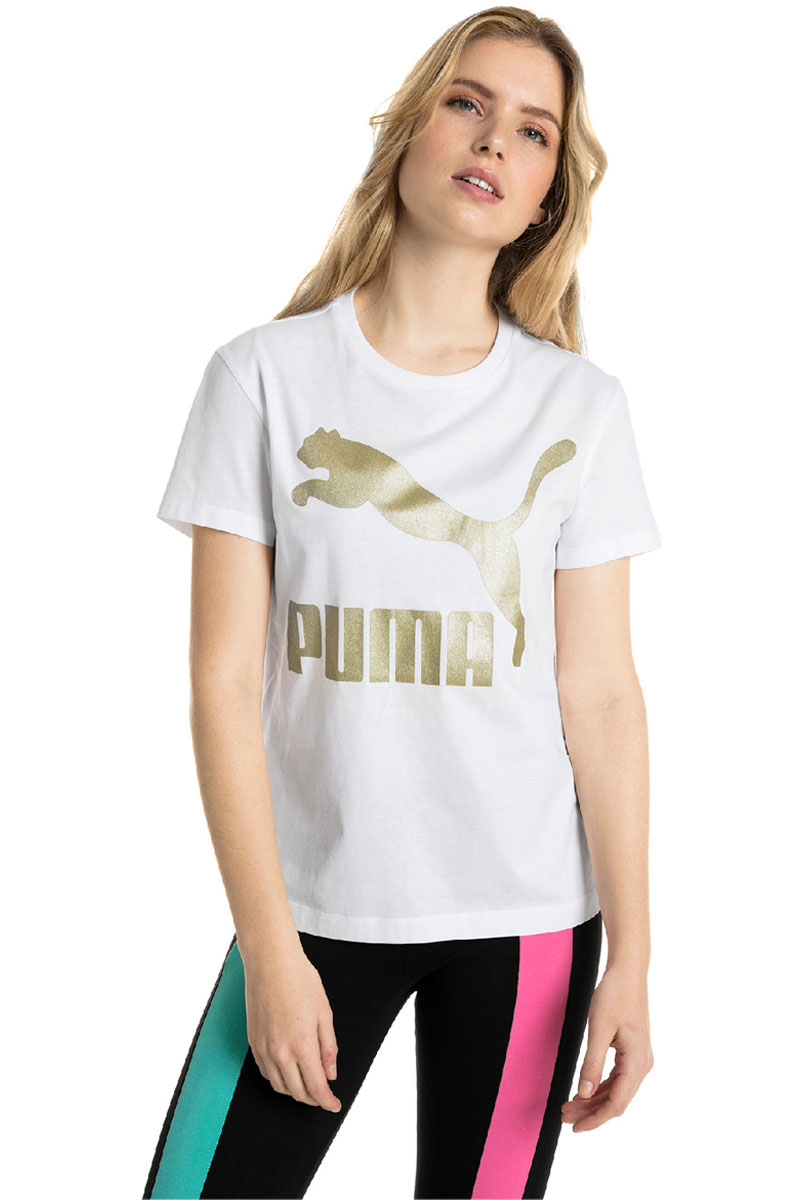 Футболка женская Puma Classics Logo Tee, цвет: белый, золотистый. 57624202. Размер XXL (50/52)