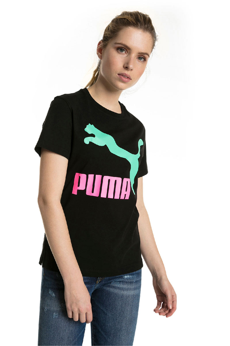 Футболка женская Puma Classics Logo Tee, цвет: черный, бирюзовый, розовый. 57624251. Размер XL (48/50)