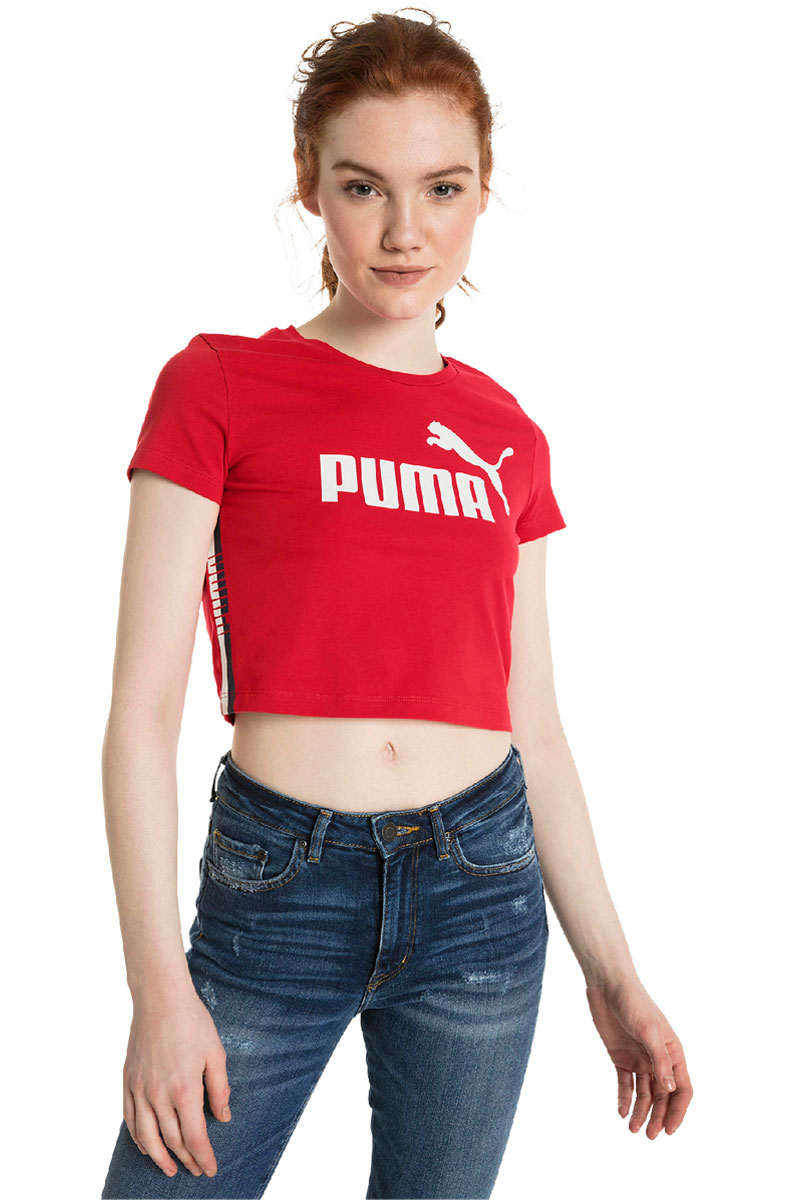 Футболка женская Puma Tape Logo Croped Tee, цвет: красный, белый. 85213512. Размер S (42/44)