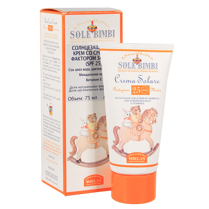Солнцезащитный крем HELAN Sole Bimbi, со средним фактором защиты, SPF 25, 75 мл41CM Солнцезащитный крем HELAN Sole Bimbi, со средним фактором защиты, SPF 25, 75 мл41CMСолнцезащитный крем HELAN Sole Bimbi обеспечивает эффективную и максимально естественную защиту нежной кожи ребенка от солнечных ожогов. Кремообразная консистенция и сбалансированный набор солнцезащитных фильтров обеспечивают: водоустойчивость; высокую степень защиты от ультрафиолетовых лучей спектра А и B, особенно для очень светлой и чувствительной кожи.Солнцезащитный крем способствует постепенной адаптации кожи к воздействию солнечных лучей. Богатый экстрактами календулы, алоэ вера, миндальным маслом и витамином Е, этот продукт особенно рекомендован для чувствительной кожи. Характеристики:Объем: 75 мл.Товар сертифицирован.