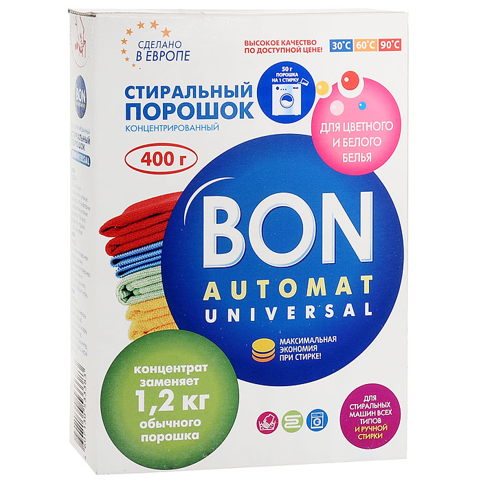 Стиральный порошок Bon Automat. Universal, концентрированный, для цветного и белого белья, 400 гGC204/30 Стиральный порошок Bon Automat. Universal, концентрированный, для цветного и белого белья, 400 гGC204/30Концентрированный стиральный порошок Bon Automat. Universal предназначен для замачивания белья, предварительной и основной стирки всех видов тканей, кроме шелка и шерсти. Качественно отстирывает белое и цветное белье. Сохраняет цвет. Удаляет все трудновыводимые пятна различного происхождения. Не содержит фосфатов. Предотвращает образование накипи. Отвечает всем требованиям экологической безопасности.Заменяет 1,2 кг обычного порошка! Характеристики:Вес: 400 г. Производитель: Чехия. Артикул: BN-121.