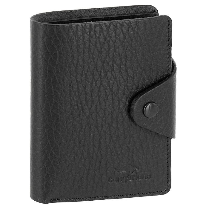 Визитница Cangurione, цвет: черный. 3303-001 F/BlackA52_108 Визитница Cangurione, цвет: черный. 3303-001 F/BlackA52_108Компактная визитница Cangurione - стильная вещь для хранения визиток. Визитница выполнена из натуральной кожи черного цвета с естественной лицевой поверхностью. Внутри находится отделение для купюр, блок из прозрачного пластика, рассчитанный на 18 визиток и 4 прорезных кармашка из кожи. Визитница закрывается клапаном на кнопку.Такая визитница станет замечательным подарком человеку, ценящему качественные и практичные вещи.Визитница упакована в коробку из плотного картона с логотипом фирмы. Характеристики:Материал:натуральная кожа, металл, ПВХ. Размер визитницы:7,5 см x 10,5 см х 2 см. Цвет:черный. Размер упаковки:12 см x 10 см x 2,5 см. Производитель:Италия. Артикул:3303-001 F/Black.