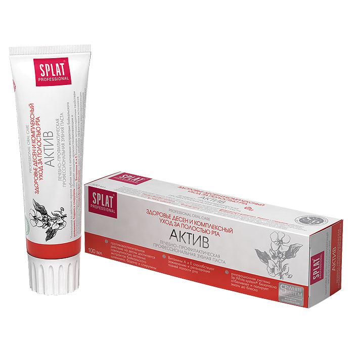 Зубная паста Splat Professional Active/Актив, 100 млMP59.4D Зубная паста Splat Professional Active/Актив, 100 млMP59.4DУникальная по эффективности черная зубная паста с активными экстрактами байкальского шлемника, бадана и спирулины обладает мощным кровоостанавливающим и противовоспалительным действием. Витамины А и Е благодаря антиоксидантным свойствам способствуют заживлению мягких тканей полости рта. Глицерофосфат кальция - один из наиболее эффективных источников ионов кальция - способствует укреплению эмали, активирует процессы реминерализации. Фторид-ионы оказывают воздействие на бактерии, вызывающие кариес. Паста с высокодейственными экстрактами лекарственных растений предназначена для профилактики пародонтита. Ионы кальция способствуют восстановлению и укреплению эмали. Монофторфосфат натрия надежно защищает от кариеса. Инновационная система Sp.White system бережно очищает и полирует эмаль до блеска. Паста не содержит красителей. Темный цвет пасты обусловлен естественным цветом натуральных экстрактов растений. Содержит фтор (1000 ppm). Активные компоненты: Экстракты байкальского шлемника, бадана, спирулины, глицерофосфат кальция, монофторфосфат натрия, витамин А, витамин Е. Клинически доказано:Противовоспалительный эффект - 54,2%. Кровоостанавливающий эффект - 58,2%. Очищающий эффект - 40,3%.Эффект:Активные экстракты байкальского шлемника, бадана и спирулины оказывают противовоспалительное действие на десны. Витамины А и Е способствуют заживлению и регенерации тканей полости рта. Инновационная система Sp.White system безопасно отбеливает и полирует эмаль до блеска. Характеристики:Объем пасты: 100 мл. Производитель: Россия. Товар сертифицирован.