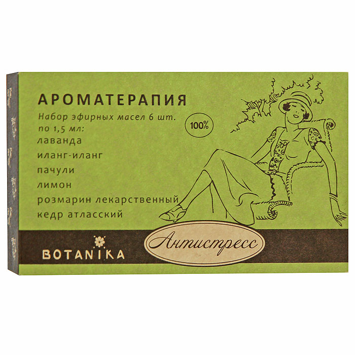 Набор эфирных масел Botanika Антистресс, 6x1,5 мл5010777139655 Набор эфирных масел Botanika Антистресс, 6x1,5 мл5010777139655В набор Botanika Антистресс входят 100% эфирные масла: иланг-иланг, кедр атласский, лаванда, пачули, лимон, розмарин лекарственный.Отличное общеукрепляющее, успокаивающее и релаксирующее профилактическое средство. Благодаря сбалансированному набору эфирных масел, нормализующих тонус организма, Антистресс улучшает обменные процессы, особенно в нервных тканях и мозге, повышает мобилизующие ресурсы организма при стрессе, предупреждает развитие предболезненных изменений и вредных последствий хронического психоэмоционального напряжения и переутомления. Регулярное применение, как отдельных масел, так и композиций станет основой вашего хорошего самочувствия и стабильного эмоционального состояния каждый день. Характеристики:Объем: 6 x 1,5 мл. Производитель: Россия. Товар сертифицирован.