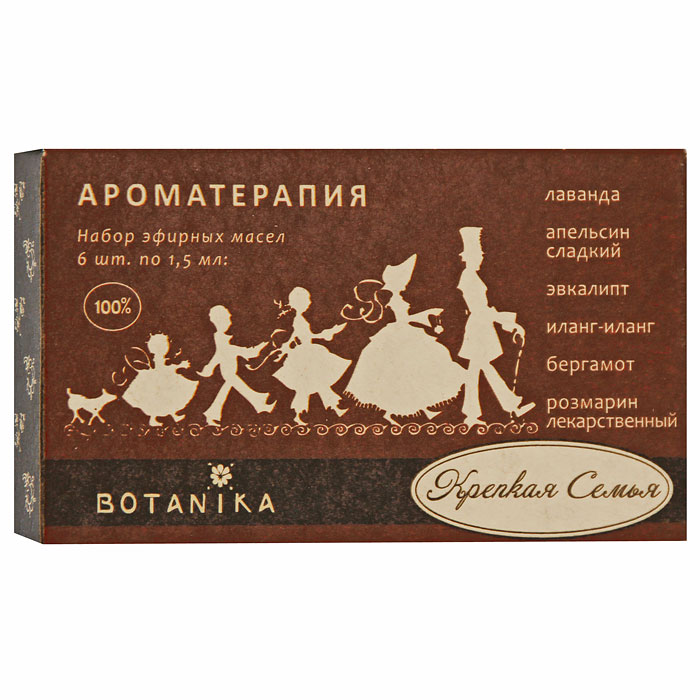 Набор эфирных масел Botanika Крепкая семья, 6x1,5 мл1301210 Набор эфирных масел Botanika Крепкая семья, 6x1,5 мл1301210В набор Botanika Крепкая семья входят 100% эфирные масла: апельсин сладкий, бергамот, иланг-иланг, лаванда, розмарин лекарственный, эвкалипт.Набор эфирных масел поможет вам создать и сохранить атмосферу уюта и домашнего очага, и при этом поможет при профилактике здоровья. Ведь крепкая семья должна быть здоровой! Характеристики:Объем: 6 x 1,5 мл. Производитель: Россия. Товар сертифицирован.