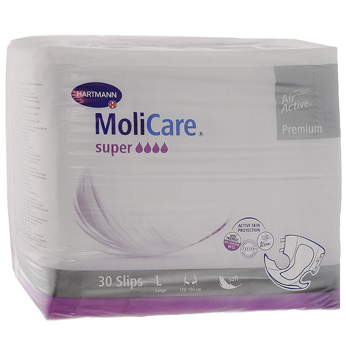 Подгузники для взрослых MoliCare Super Premium, L (large), 30 шт169 850 1 Подгузники для взрослых MoliCare Super Premium, L (large), 30 шт169 850 1Воздухопроницаемые подгузники MoliCare Super Premium изготовлены из экологически чистого сырья, дерматологически протестированы, предотвращают появление возможных раздражений кожи. Трехслойная впитывающая подушка обеспечивает максимальную впитываемость. Нетканый материал, соприкасающийся с кожей, дарит ощущение комфорта. Верхний проводящий слой на основе закрученной целлюлозы оказывает антибактериальный эффект и поддерживает благоприятный для кожи фактор рН 5,5. Впитывающая подушка благодаря действию суперабсорбента HighDry SAP превращает жидкость в гель и действует как магнит, прочно удерживая жидкость и запах внутри. Индикатор влагонасыщения на внешней (наружной) стороне подгузника полностью исчезает при максимальном наполнении подгузника. Многоразовые усовершенствованные самоклеющиеся застежки системы крючков и петель. Гипоаллергенны, подходят для чувствительной кожи.Характеристики: Размер: L (large). Обхват талии / бедер: 120-150 см. Впитываемость: очень высокая.