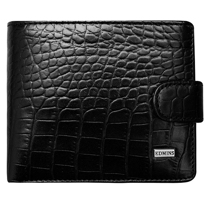 Портмоне Edmins, цвет: черный. 1470 A CR ML1-022_516 Портмоне Edmins, цвет: черный. 1470 A CR ML1-022_516Портмоне Edmins выполнено из натуральной кожи черного цвета с декоративным тиснением под рептилию. Внутри состоит из двух отделений для купюр, трех отделений для мелких бумаг, семи отделений для кредитных карт, визиток и прочих мелких бумаг, кармана с окошком из прозрачного пластика и отделения для мелочи на кнопке. Портмоне закрывается узким клапаном на кнопку. Такое стильное портмоне станет отличным подарком для человека, ценящего качественные и необычные вещи. Портмоне упаковано в коробку с логотипом фирмы. Характеристики: Материал: натуральная кожа, текстиль, металл.Размер портмоне: 11 см х 9 см х 2,5 см. Цвет: черный.Размер упаковки: 11 см х 12 см х 3 см. Артикул: 1470 A CR ML.