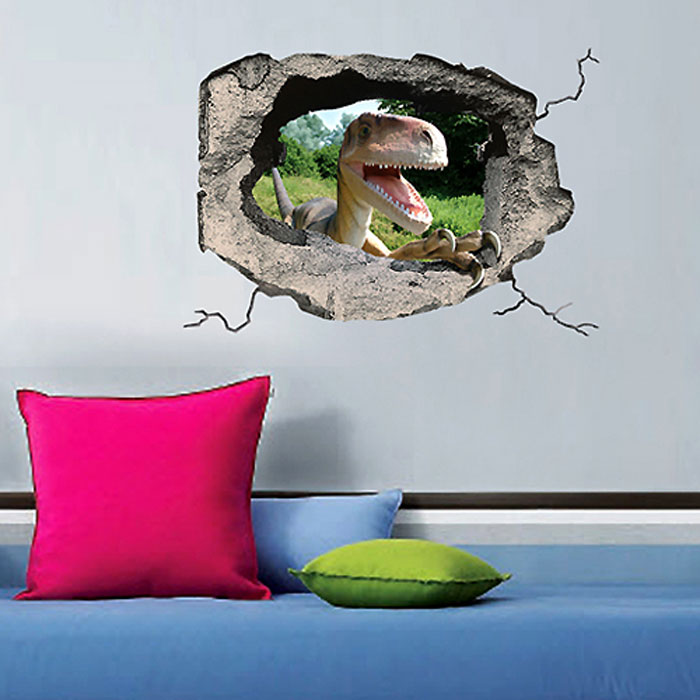 Украшение для стен и предметов интерьера с 3D эффектом Hole Динозавр54 009303 Украшение для стен и предметов интерьера с 3D эффектом Hole Динозавр54 009303Декоративные наклейки на стену Nisha - это прекрасный способ обновить интерьер в гостиной, детской комнате, спальне, столовой или офисных помещениях. Уникальный дизайн с элементами оптической иллюзии создается на основе обычных фотографий. Для достижения трехмерного эффекта объекты «помещают» внутрь ниш с помощью специального программного обеспечения. Наклейки можно использовать на следующих поверхностях: обои, окрашенные стены, стекло, дерево, пластик и др. Главное требование - поверхность обязательно должна быть ровной. Использование на обоях с фактурной поверхностью возможно только с применением дополнительных склеивающих средств.Рекомендации по выбору стены:- Для получения максимального эффекта лучше всего выбрать стену, которая будет просматриваться с расстояния не менее 3 м.- Поверхность должна быть гладкой, сухой и чистой от загрязнений и пыли.- В случае если вы наклеиваете несколько наклеек рядом, то расстояние между ними должно быть не менее 7 см.- Рекомендуется выбирать либо цветную стену либо предварительно ее покрасить цветной краской, так как эффект глубины значительно увеличивается именно на цветных стенах.- Если вы хотите отклеить наклейку, а затем вновь приклеить, отклеивайте ее очень аккуратно, для того чтобы избежать загибания углов. Характеристики:Материал: самоклеющаяся пленка. Количество листов: 1 шт. Размер наклейки: 48 см х 33 см. Размер упаковки: 48 см х 33 см. Артикул: SKU 601.